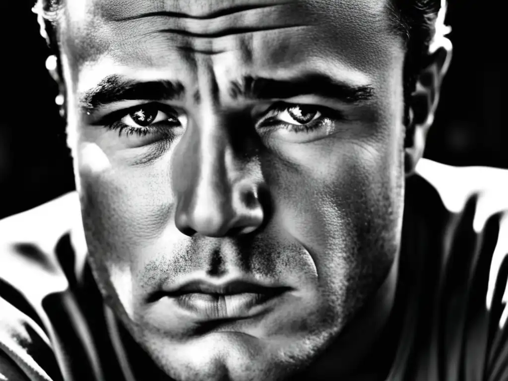 Estilo rebelde Marlon Brando, retrato en blanco y negro con intensa mirada y rasgos tallados