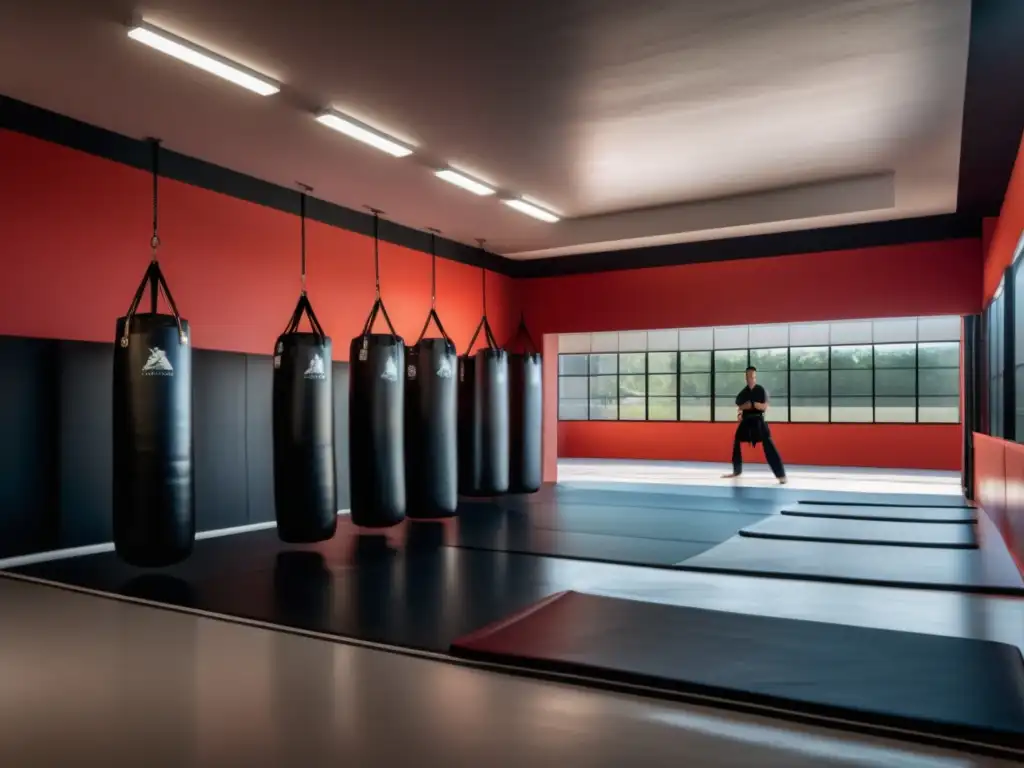 Estudio de artes marciales con equipamiento de calidad y practicantes enfocados y determinados