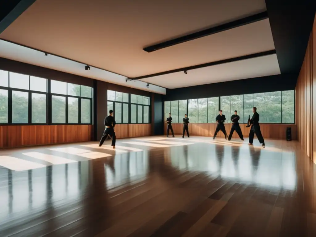 Estudio de artes marciales con luz natural, practicantes en acción - Equipamiento para artes marciales de calidad