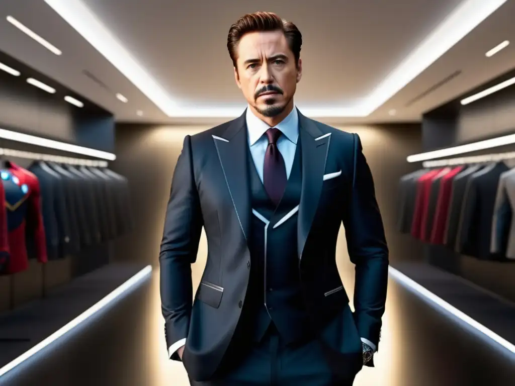 Tendencias moda masculina Marvel: traje negro con logo de los Avengers, camisa blanca, pañuelo rojo, guantes de cuero negro