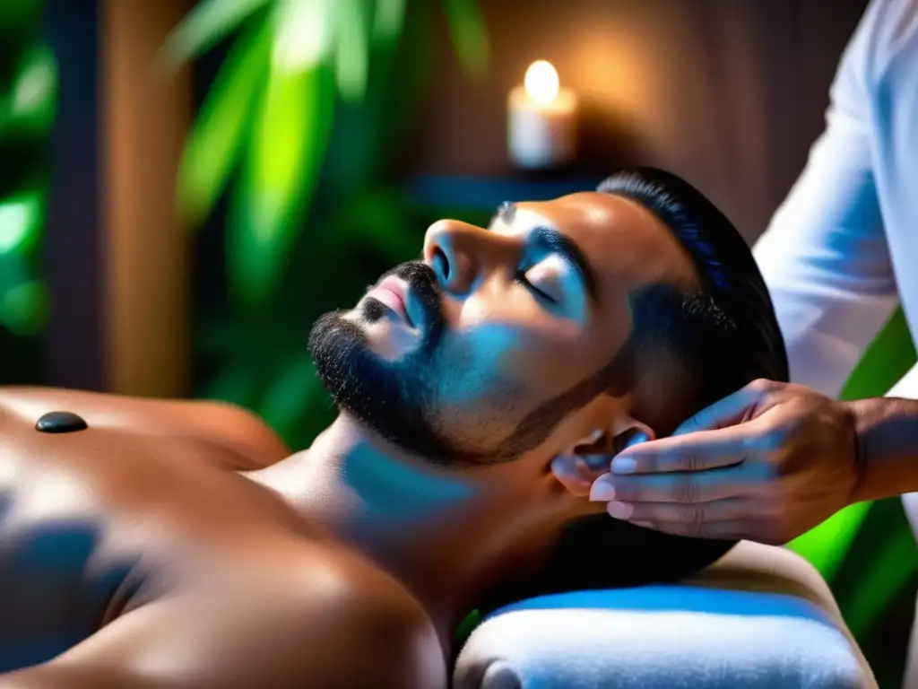 Masaje facial masculino: Relajación y rejuvenecimiento en un entorno de spa moderno con un terapeuta profesional