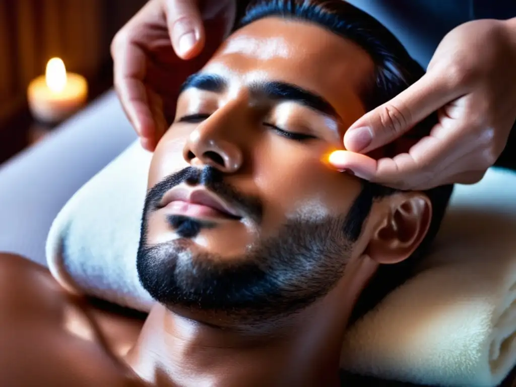 Beneficios del masaje facial masculino: hombre relajado, manos expertas, aceite natural, ambiente sereno, verdor sutil