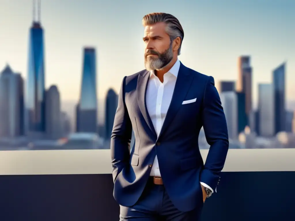 Moda masculina madura elegante: hombre en traje clásico de alta calidad, confiado en una ciudad moderna