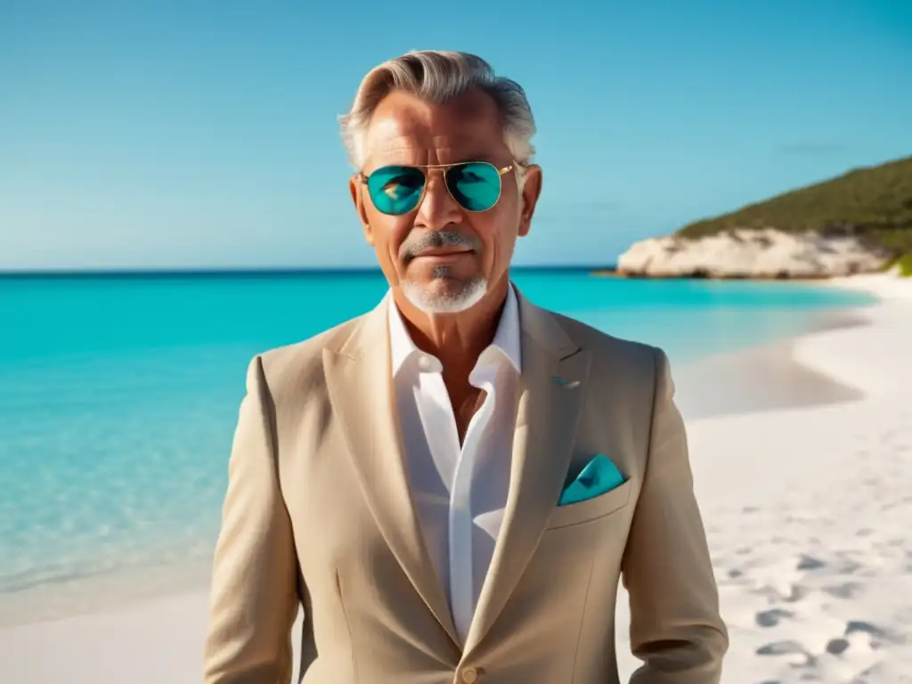 Guía estilo vestir verano hombre - Hombre maduro elegante en traje beige de lino, en playa paradisíaca, con aguas turquesas y gafas de sol