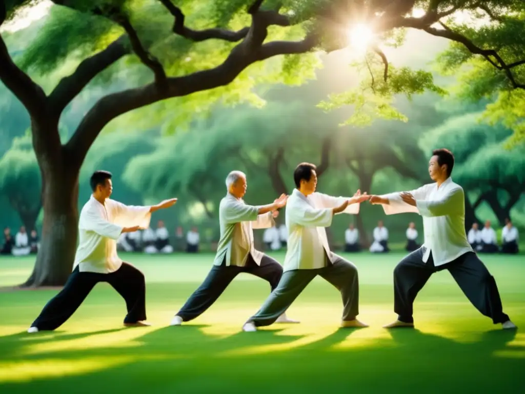 Beneficios del Tai Chi para hombres: Práctica serena y armoniosa en un parque verde con movimiento fluido, mente clara y naturaleza