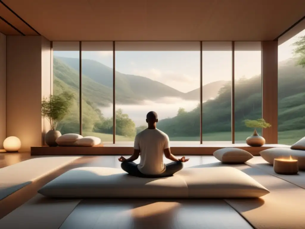 Rutinas de relajación para hombres estresados: imagen de una sala de meditación minimalista con luz natural y un hombre en postura de meditación