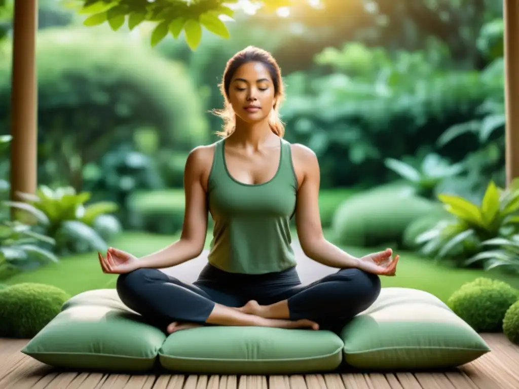 Persona en postura de meditación con apoyo ergonómico y ambiente sereno