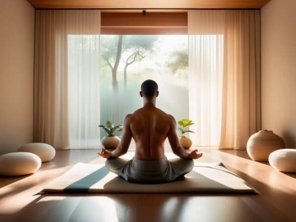 Técnica de relajación masculina: meditación en habitación moderna con luz natural, tonos neutrales y ejercicios de autogeneración de calma