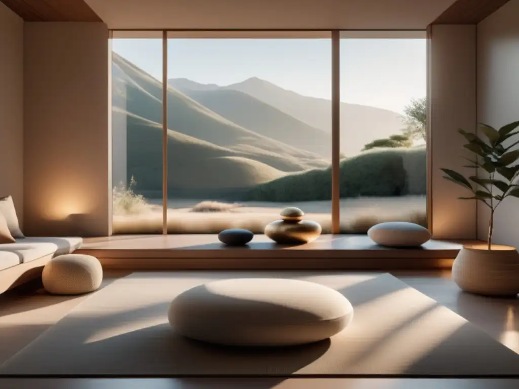 Meditación en una habitación minimalista y serena, con luz natural