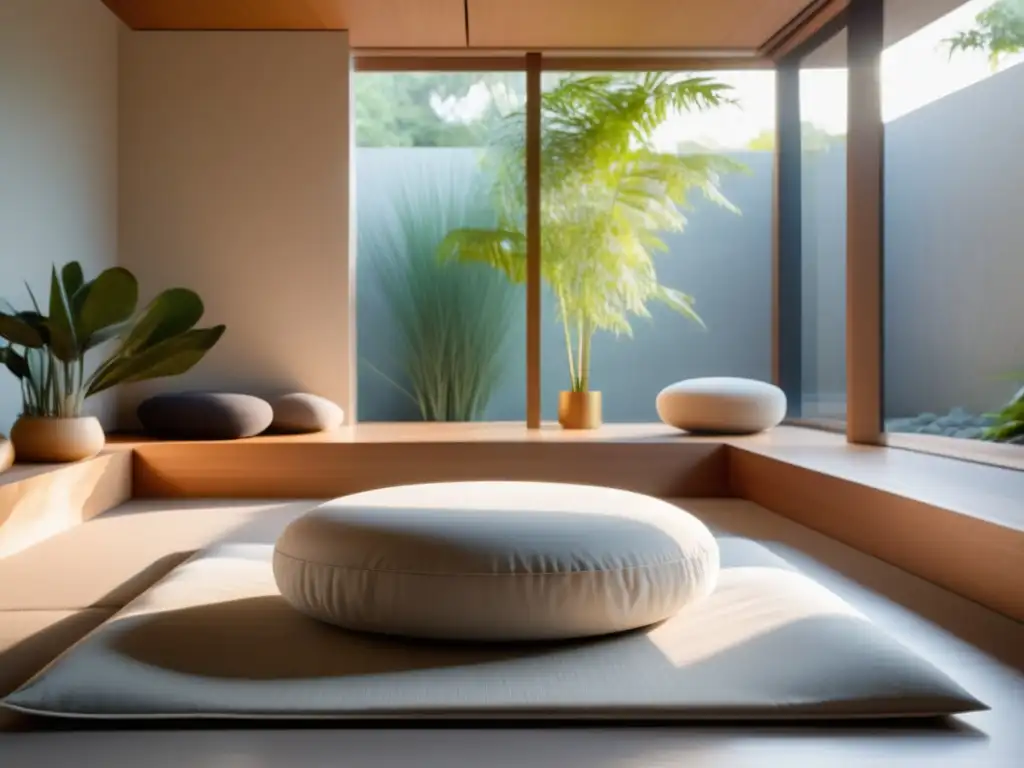 Beneficios de la relajación para hombres en una sala de meditación moderna y serena con decoración minimalista