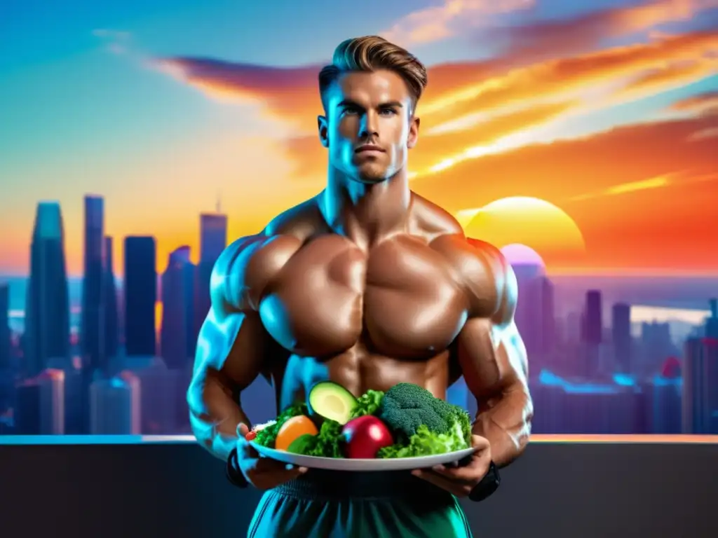 Alimentación para mejorar rendimiento físico masculino en una imagen impactante de un atleta musculoso con una variedad de alimentos nutritivos