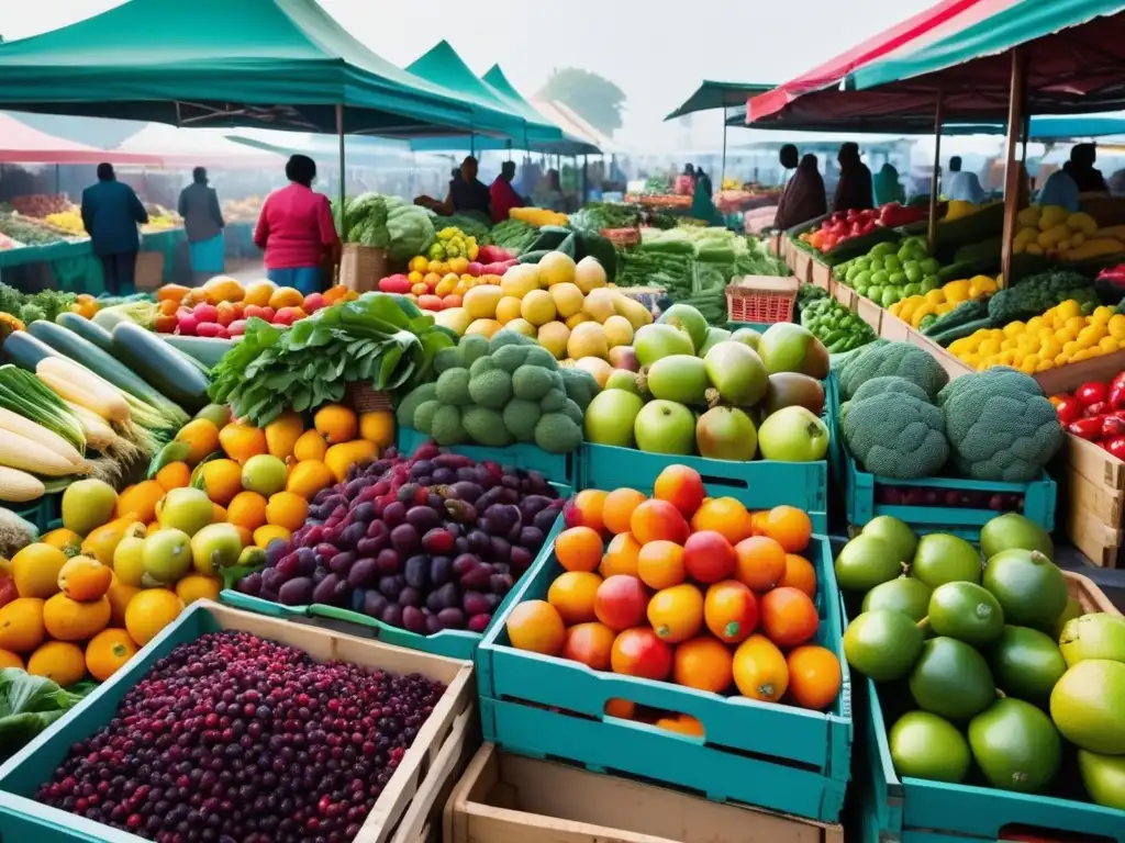 Mercado de frutas y verduras vibrante, lleno de actividad