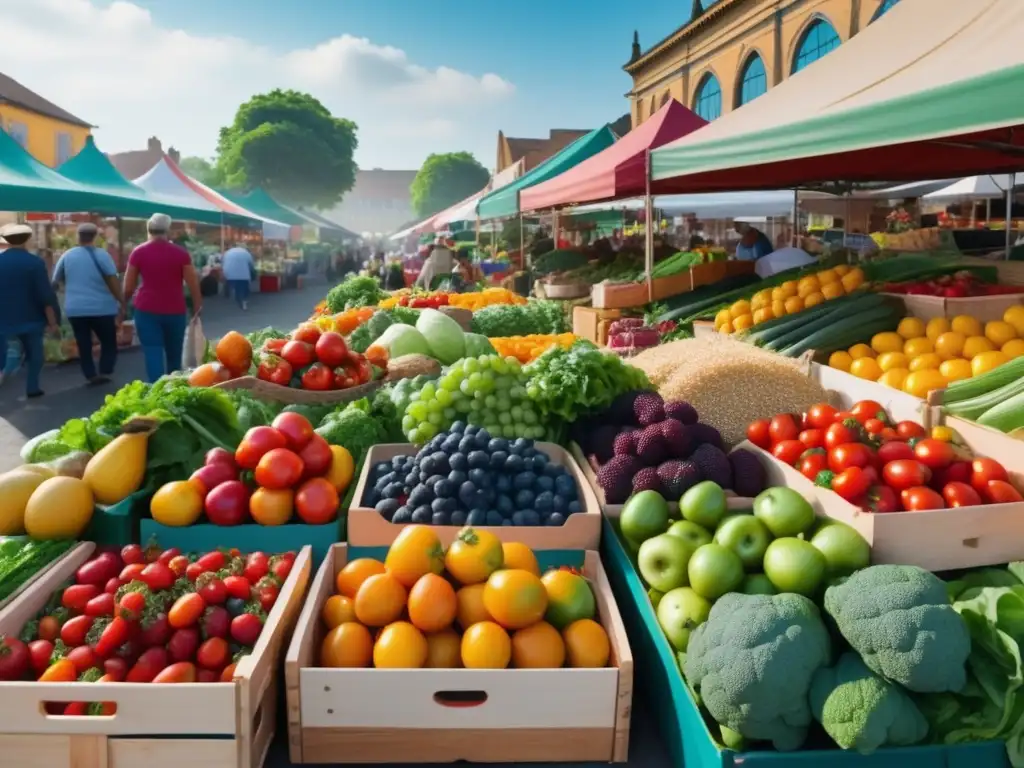 Mercado vibrante y diverso, alimentos frescos, salud mental