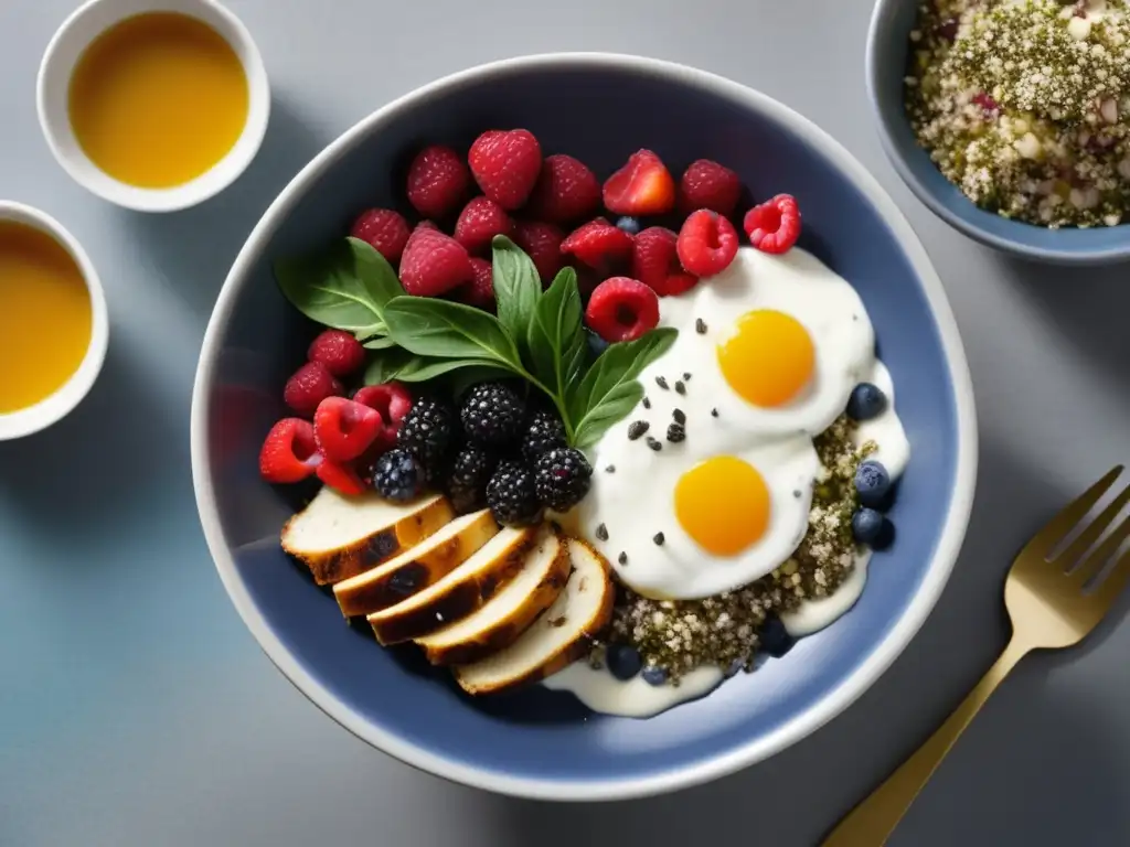 Dieta antienvejecimiento para hombres: mesa con platos vibrantes y coloridos, desayuno de yogur griego con bayas frescas y chía, almuerzo de ensalada nutritiva con kale, quinoa, vegetales asados y pollo a la parrilla, cena con salmón a la parrilla, vegetales al vapor y pilaf de quinoa