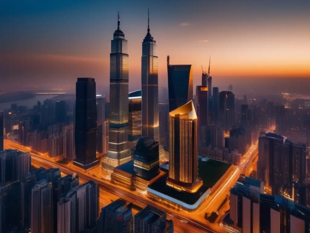 Moderna ciudad al atardecer: luces y rascacielos Estilo hombre moderno viaje ciudad