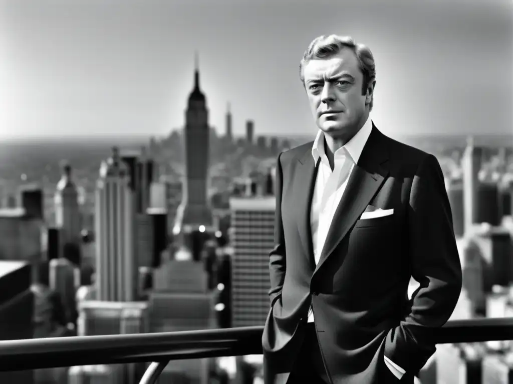 Icono moda masculina cine clásico: Michael Caine, elegante en traje negro y blanco, frente a una ciudad moderna