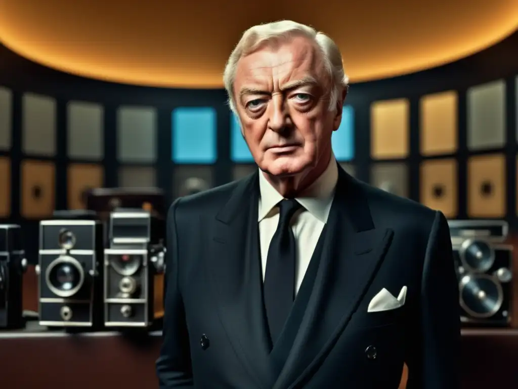 Icono moda masculina cine clásico: Michael Caine, elegancia y sofisticación en un traje negro a medida, en un set de cine clásico