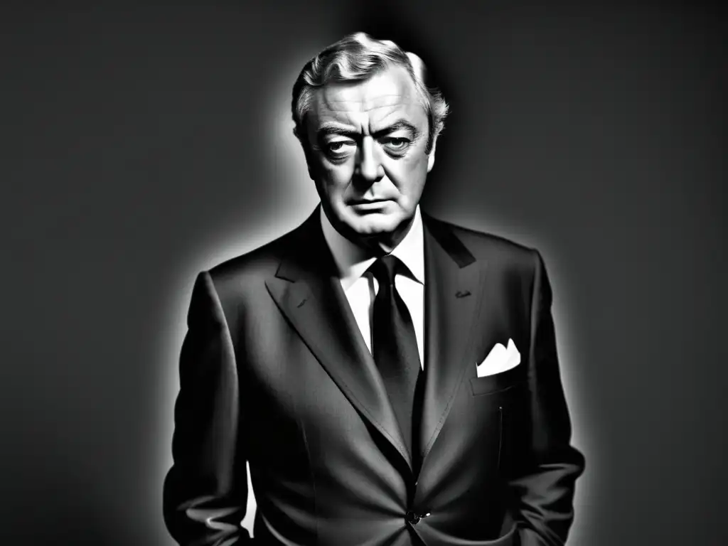 Icono moda masculina cine clásico: Michael Caine, elegante y confiado, destaca en una fotografía en blanco y negro de alta definición