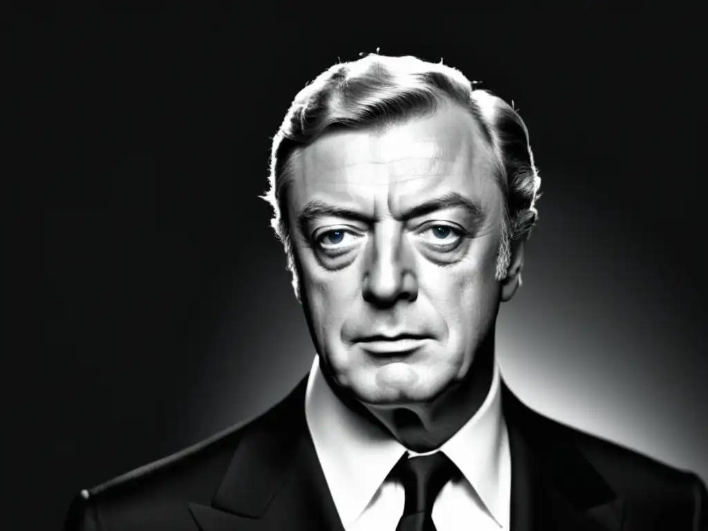 Icono moda masculina cine clásico: Michael Caine, elegancia atemporal en retrato blanco y negro