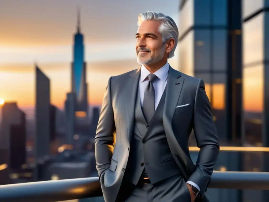 Consejos de estilo para hombres mayores: hombre sofisticado con traje gris, cabello plateado y actitud segura