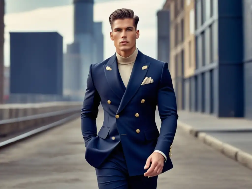 Tendencias moda masculina influencia militar, modelo masculino elegante en un paisaje urbano, con traje azul marino militar con detalles dorados