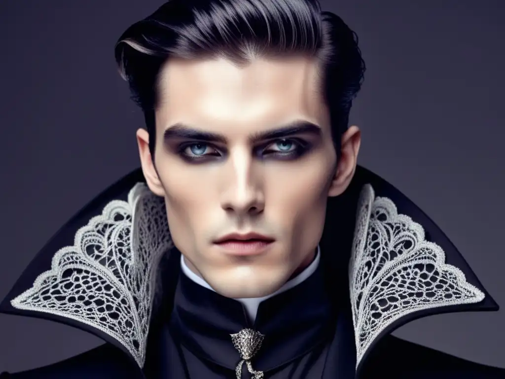 Tendencias moda masculina terror: Modelo con traje negro ajustado, inspirado en vampiros, con detalles góticos y pelo gótico