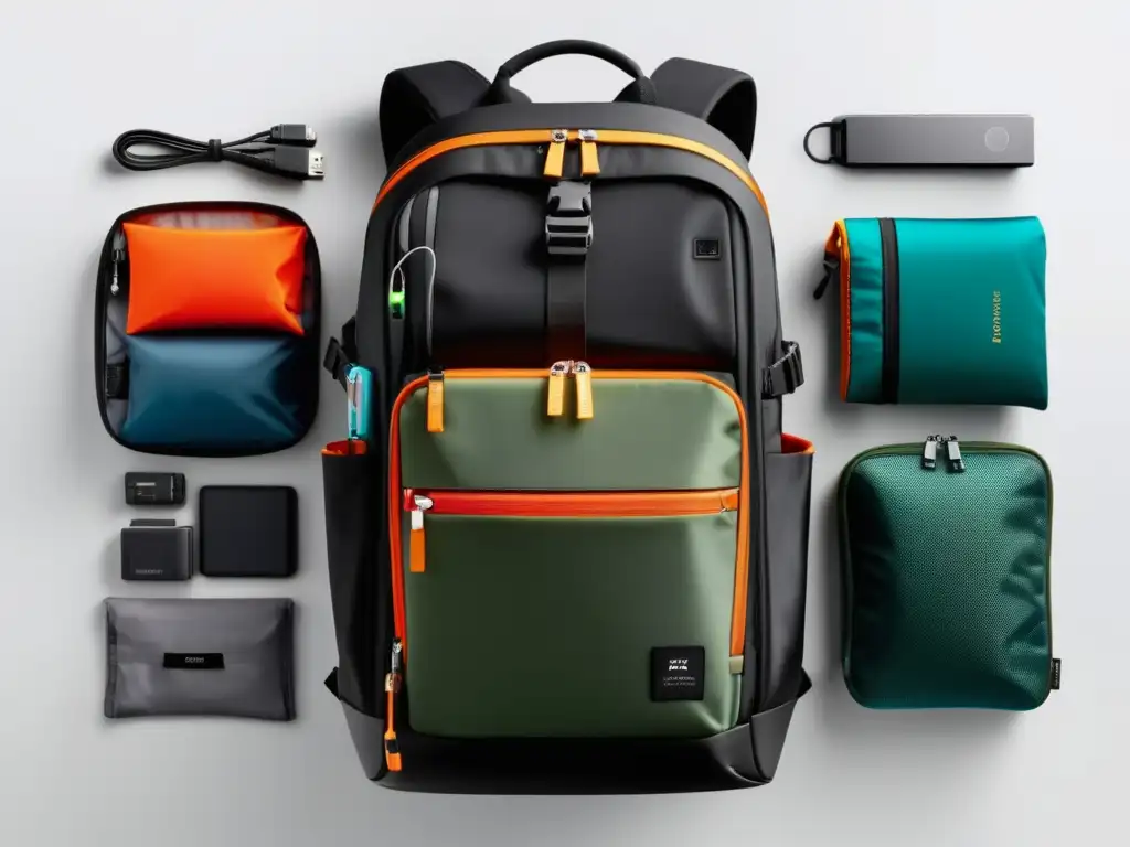 Mochila de viaje organizada y moderna Imprescindibles para viajero moderno: mochila, cables, bolsas de viaje, baterías, adaptadores, linternas y navajas