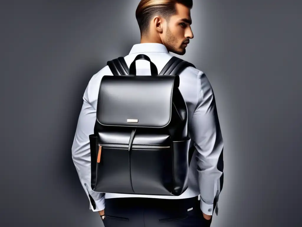 Mochila de viaje elegante para hombres: Accesorios de viaje para hombres elegantes en cuero negro premium con detalles texturizados