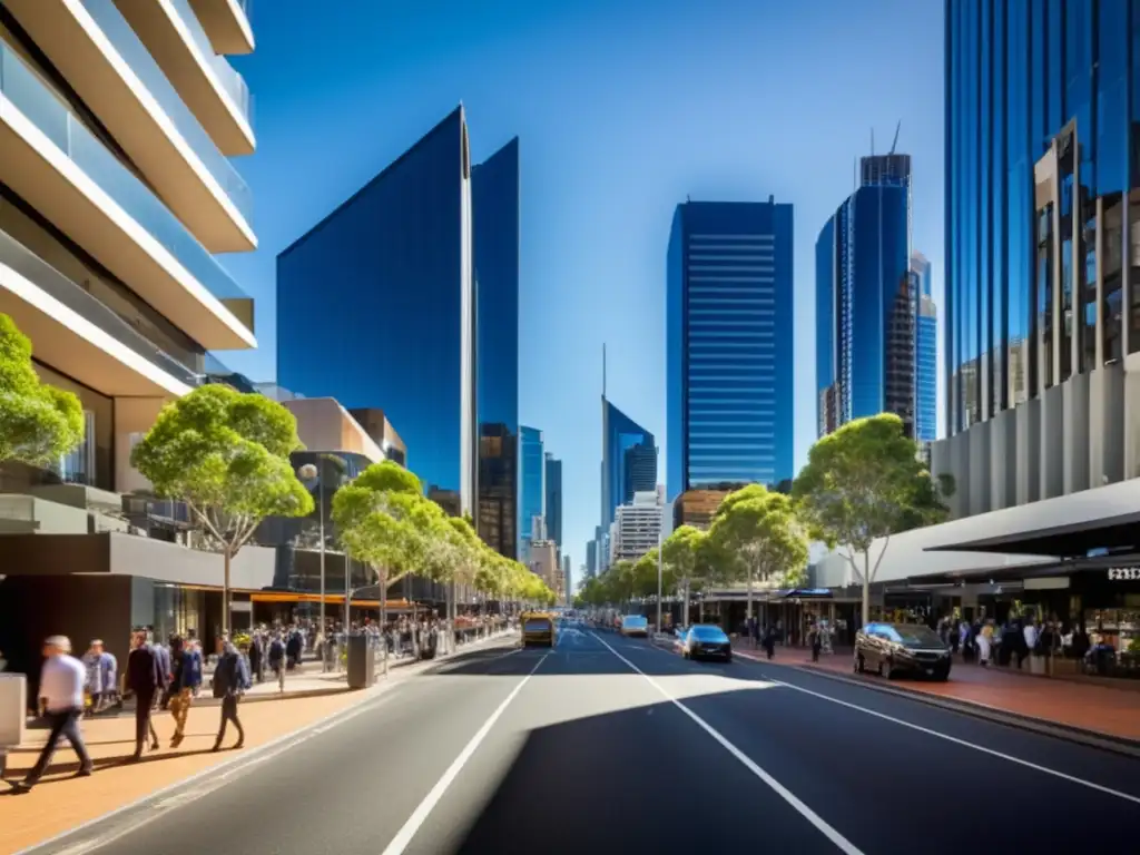 Influencia moda australiana en estilo masculino: Calle urbana australiana con hombres estilosos y edificios modernos