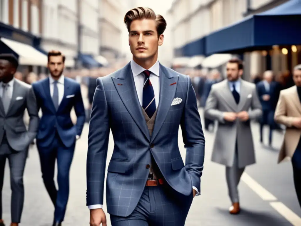 Influencia de la moda británica: modelo masculino elegante con traje a cuadros azul marino y gris, caminando en una calle concurrida