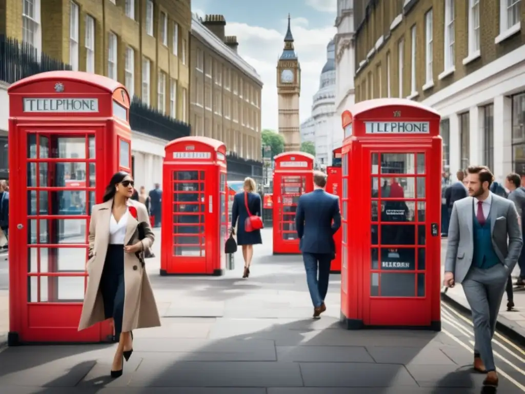 Influencia moda británica: Calles con cabinas rojas, personas vestidas con estilo, reflejando la moda británica en todo su esplendor