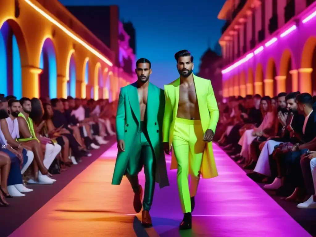 Desfile moda masculina latinoamérica: Tendencias vibrantes y colaboración español-latinoamericana en una pasarela moderna iluminada por neones