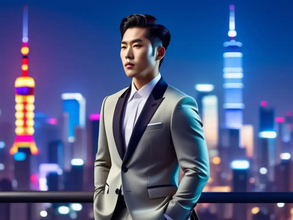 Moda Coreana: Tendencias masculinas Asia - Hombre asiático elegante en traje con detalles coreanos, accesorios y fondo urbano