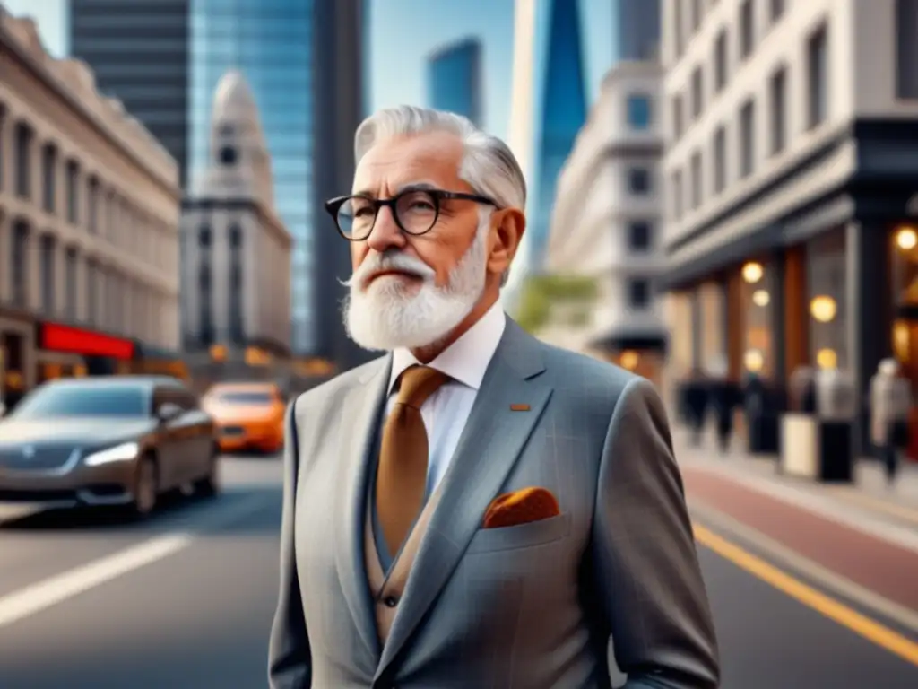 Hombre elegante tercera edad moda secretos: imagen 8k detallada, bien vestido, confiado en calle moderna