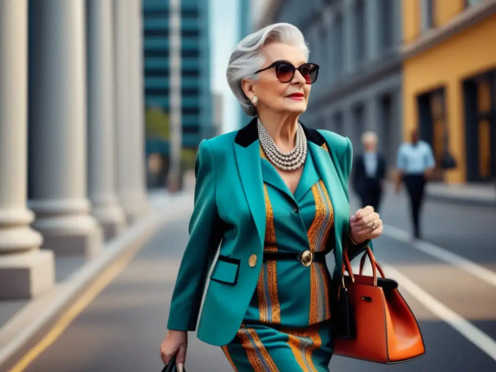 Elegante mujer mayor en la ciudad, vistiendo moda contemporánea