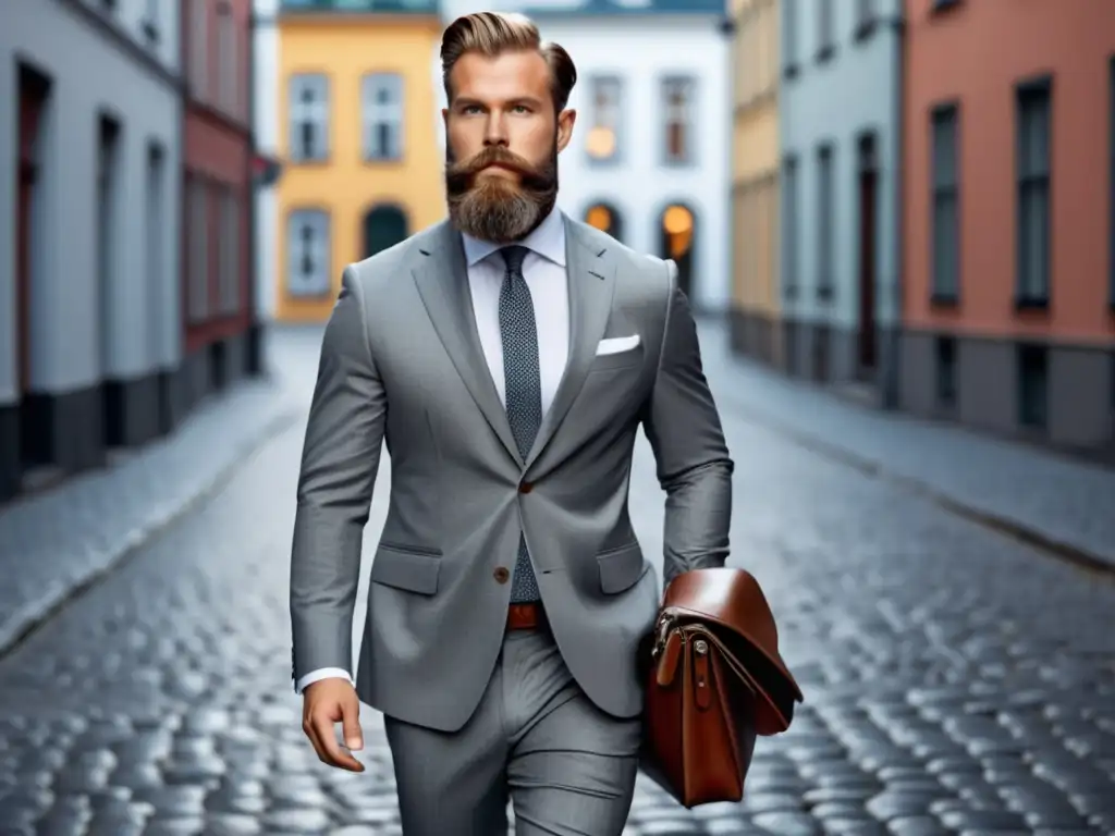 Tendencias moda masculina Escandinavia: Hombre elegante caminando en Helsinki, con traje gris, camisa blanca, pañuelo estampado y maletín de cuero