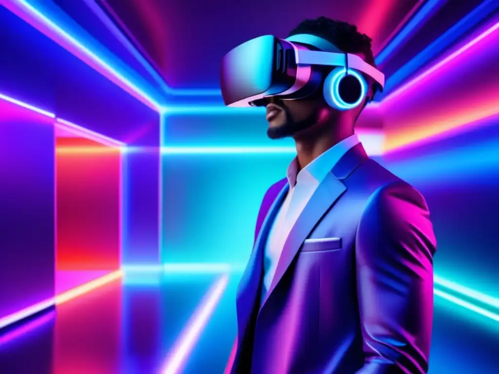 Beneficios de la realidad virtual en moda masculina: modelo fashion con visor VR en ambiente futurista, fusionando tecnología y estilo