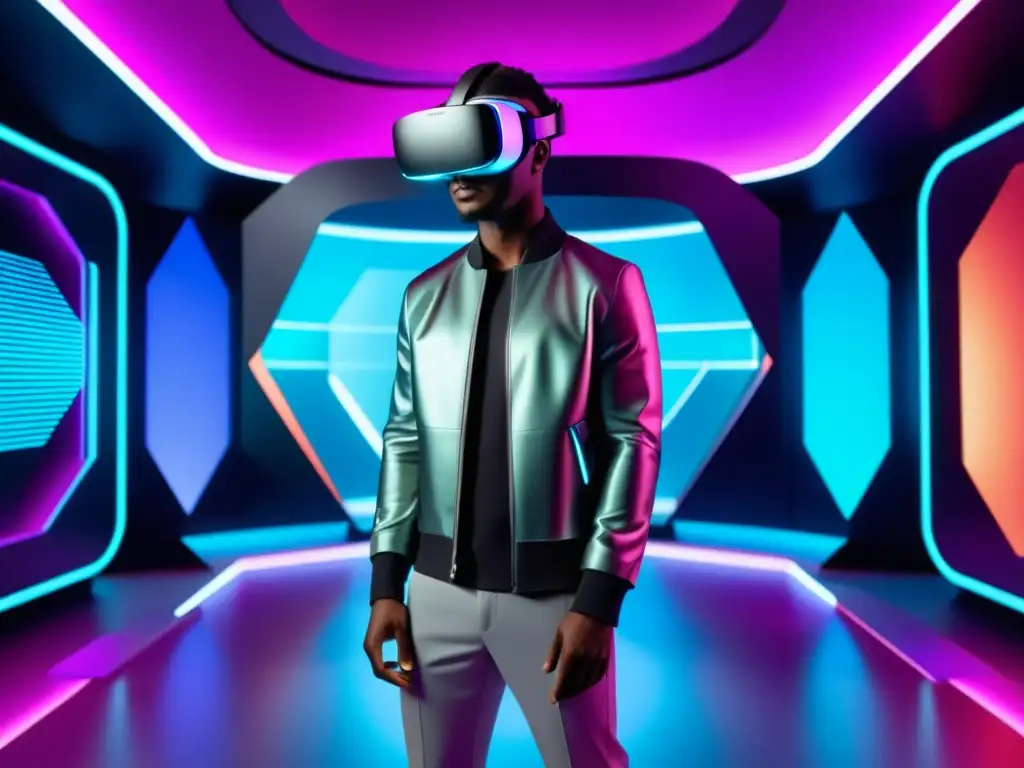 Moda masculina en realidad virtual: modelo con headset vanguardista en ambiente futurista, fusionando tecnología y estilo