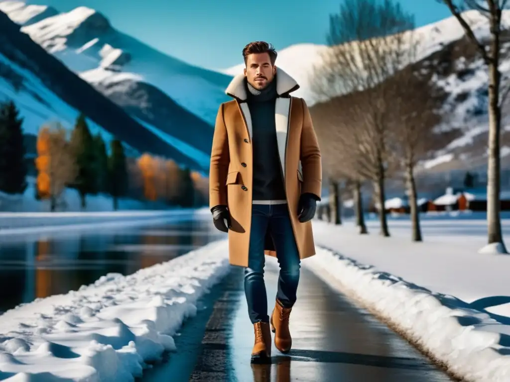 Hombre elegante con abrigo y botas impermeables en paisaje invernal - Accesorios imprescindibles invierno hombre