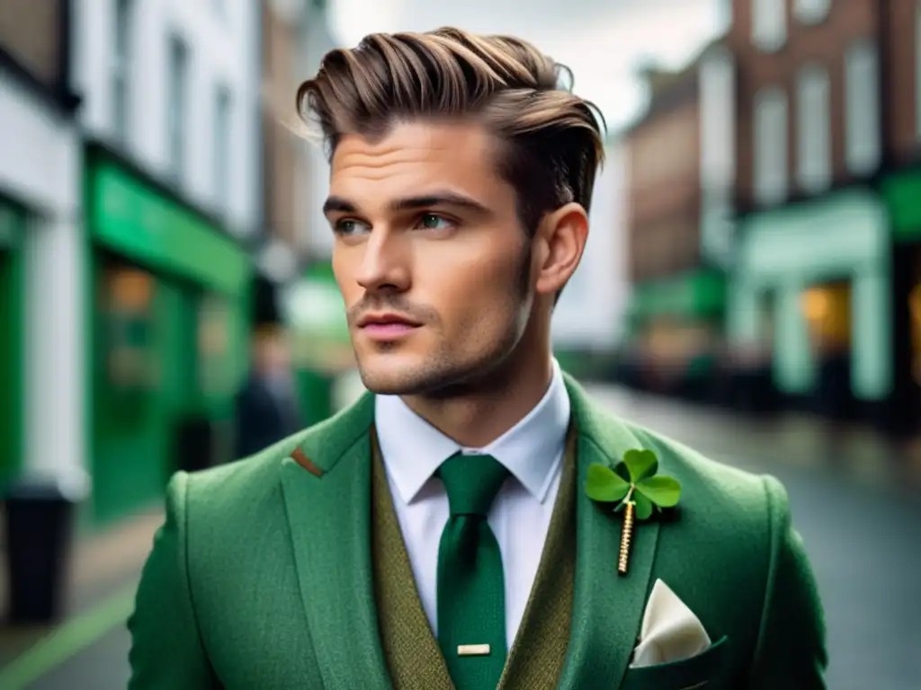 Modelo masculino con traje tweed verde y estilo urbano - Tendencias moda masculina estilo irlandés