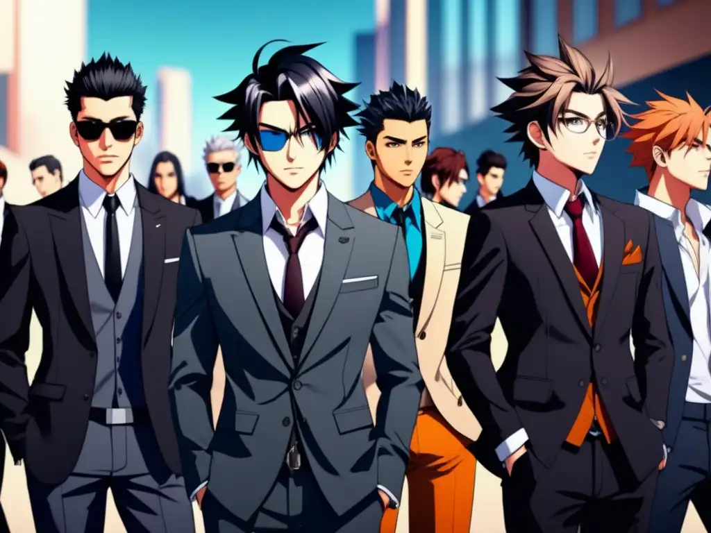 Tendencias moda masculina Anime: Grupo de elegantes personajes de anime mostrando lo último en moda masculina