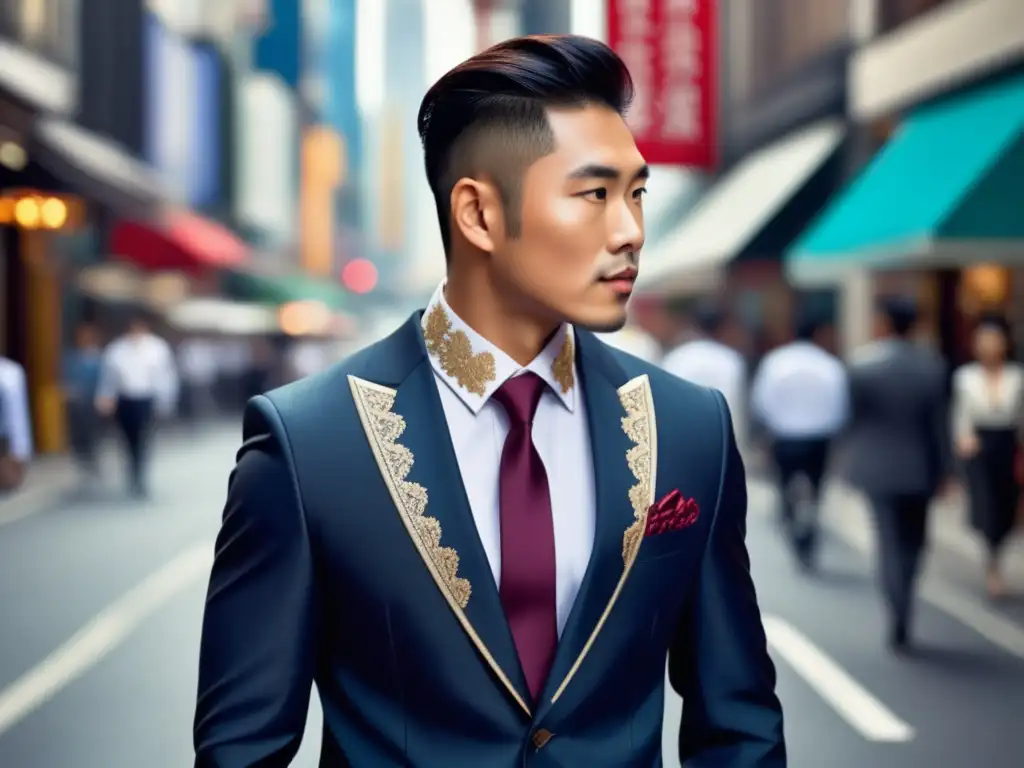 Tendencias moda masculina asiática: hombre asiático con traje fusionado con elementos tradicionales y occidentales, caminando en ciudad vibrante