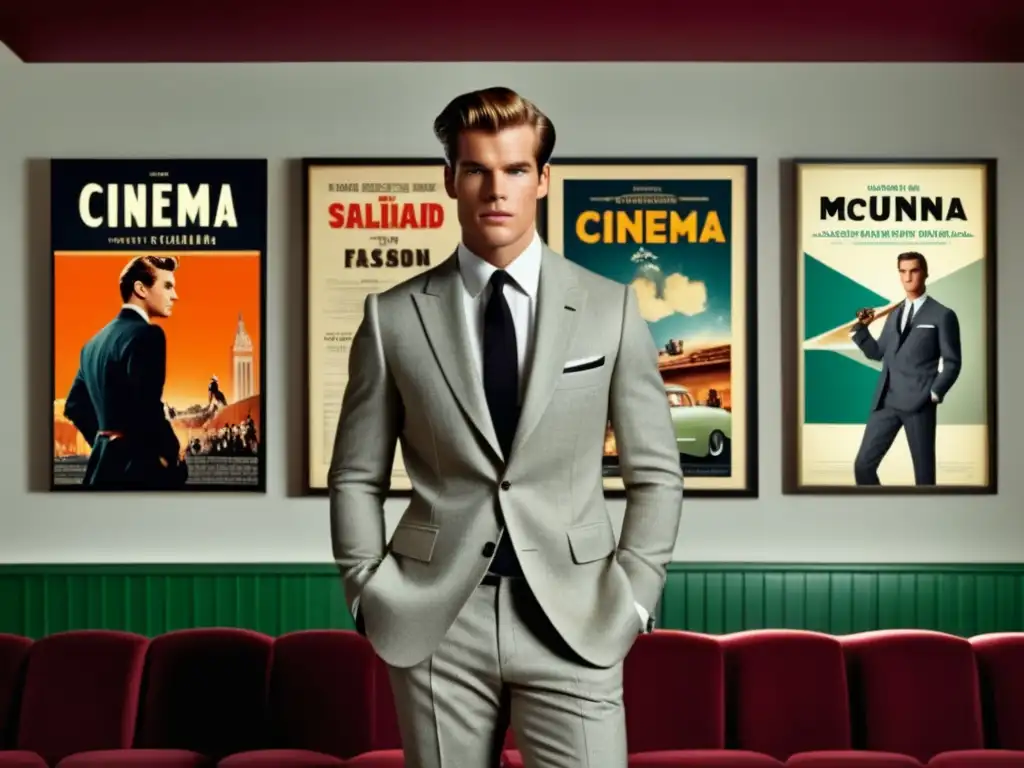 Tendencias moda masculina cine: Modelo masculino con look inspirado en Steve McQueen, en un cine vintage con posters clásicos