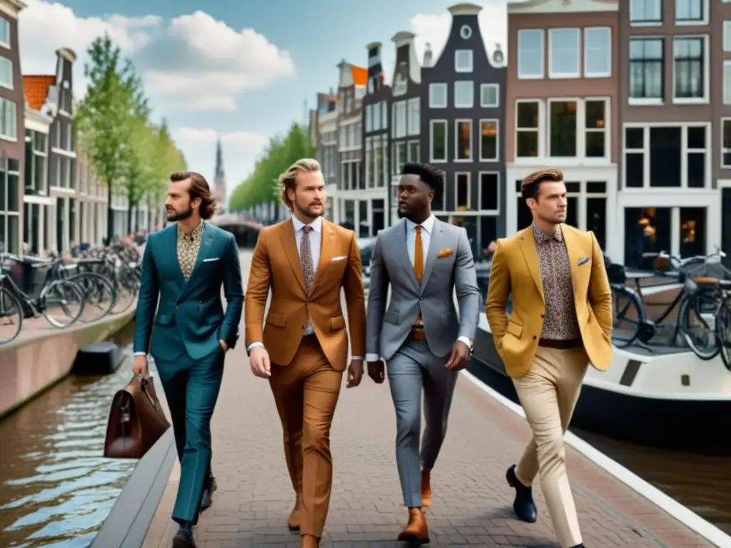 Tendencias moda masculina Países Bajos: Hombres elegantes en Amsterdam, luciendo trajes a medida con tonos terrosos y camisas y accesorios vibrantes