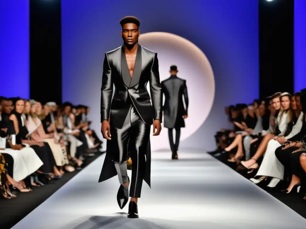 Moda masculina rompiendo barreras: desfile de un modelo seguro de sí mismo con un atuendo vanguardista que desafía las normas de género