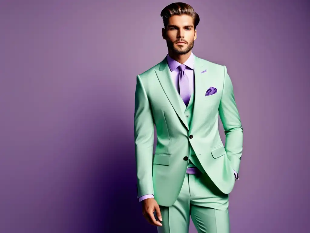 Influencia colores pastel moda masculina - Modelo masculino elegante en traje pastel, fondo moderno minimalista