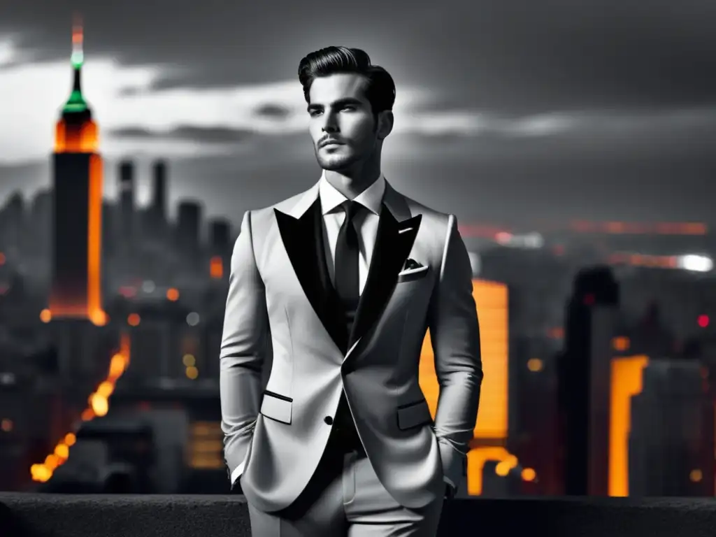 Fotografía de moda masculina elegante: modelo en traje a medida frente a una vibrante ciudad al atardecer