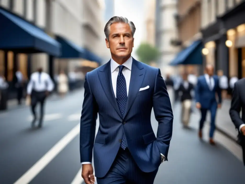 Tendencias moda masculina madura: Hombre elegante en traje azul marino paseando por la ciudad con estilo y sofisticación