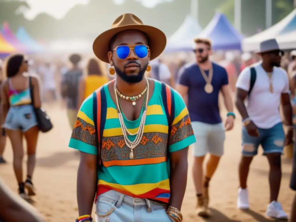 Moda masculina en festivales de música: hombre con look trendy en vibrante multitud