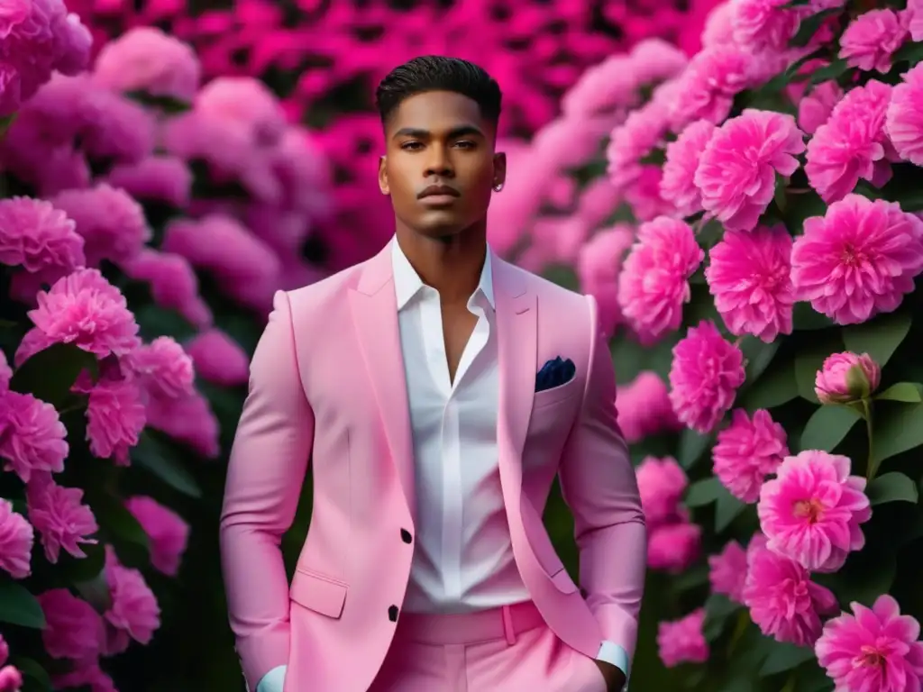 Tendencias moda masculina color rosa: Joven seguro desafía estereotipos con atuendo rosa, flores vibrantes de fondo